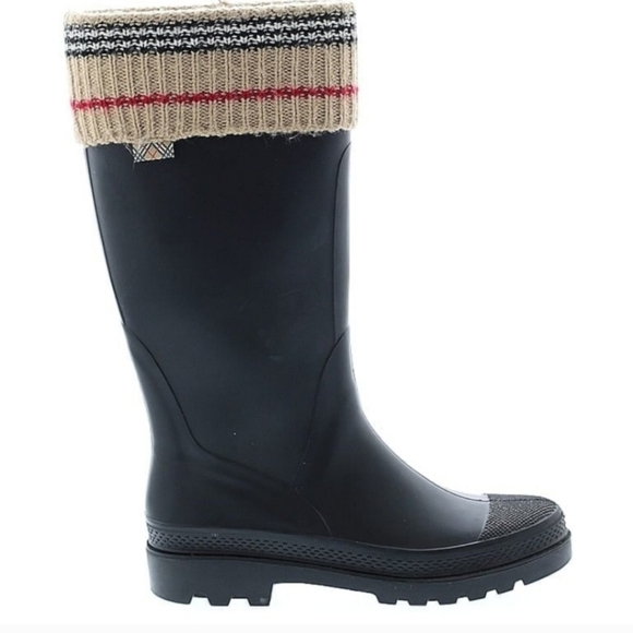 Burberry Black Rain Boots with Knit Cuff Size 38 - Picture 1 of 10